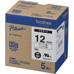 brother HGe-631V HGeテープ ラミネートテープ（黄色/黒字）12mm 長さ8m 5本パック