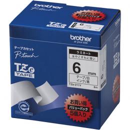 brother TZe-211V 【ブラザー純正】ピータッチ ラミネートテープ TZe-211V 幅6mm (黒文字/白/お得5本パック)